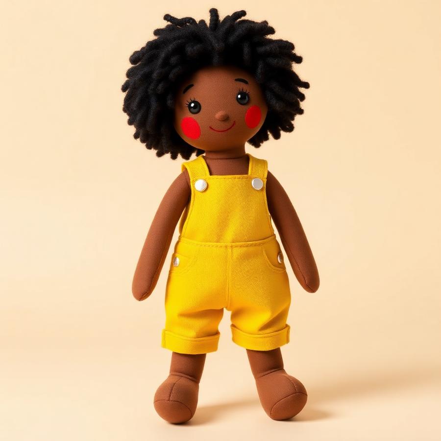 Linda the Maker, a soft doll in yellow dungarees